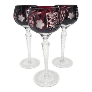 Late 20th Century Ajka Marsala Ruby Overlay Hand-Cut Crystal Hock Wine Goblet, Hungary 8" - Set of 3 For Sale