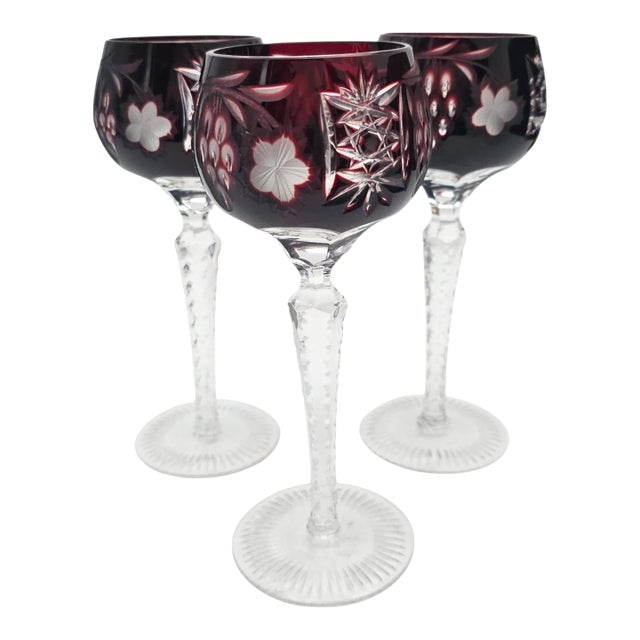 Late 20th Century Ajka Marsala Ruby Overlay Hand-Cut Crystal Hock Wine Goblet, Hungary 8" - Set of 3 For Sale