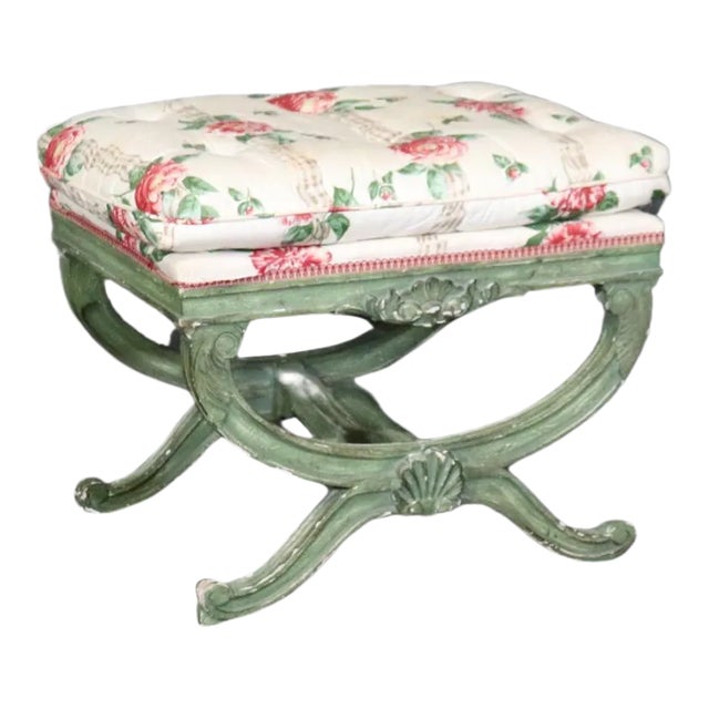 Green Painted decorated Upholstered Cerule Style Regency Bench Stool For Sale