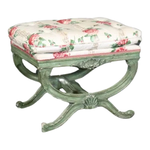 Green Painted decorated Upholstered Cerule Style Regency Bench Stool