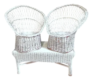 Vintage Bench and Chairs in White Lacquered Rattan, Set of 3