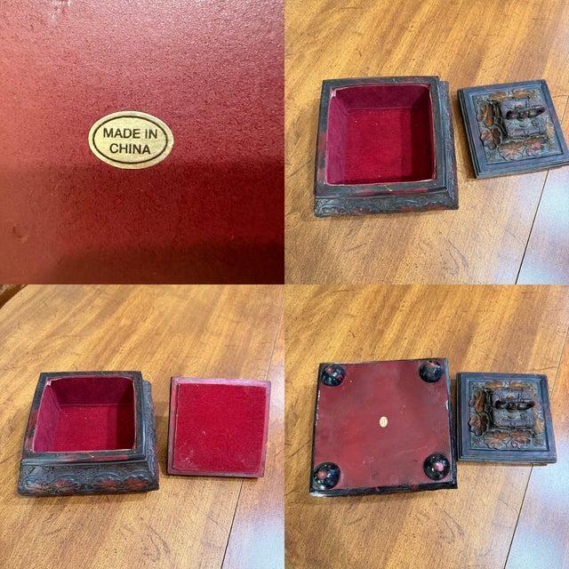 Vintage Style Carved Floral Jewelry Box Red Velvet Lined Footed Trinket Chest For Sale - Image 11 of 11