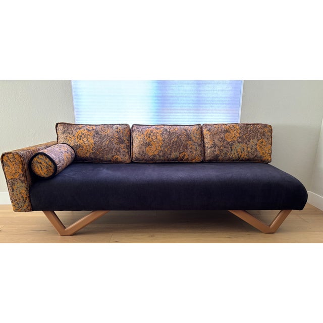 1960's MCM Sofa - Reupholstered in a Luxuriously Soft Black Chenille and a Burnt Orange/Tan/Brown Paisley Cotton Fabric For Sale - Image 10 of 11