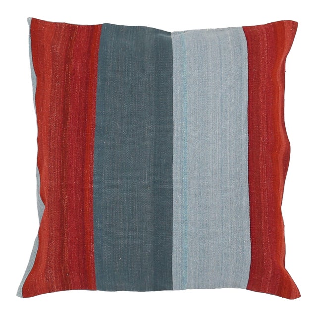 Arteverk Handwoven Reversible Wool Kilim Floor Pillow — Red & Blue Color-Block (36") For Sale