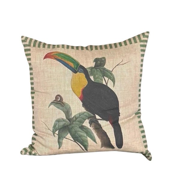Vintage Linen Toucan & Snail Cushion With Striped Border For Sale In West Palm - Image 6 of 12