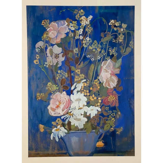 A vintage large and colorful still life gouache painting of a floral arrangement, no clear signature, circa 1960.