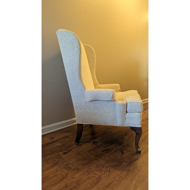 Queen Anne Vintage Queen Anne Wingback Chair in Cream Damask Upholstery For Sale - Image 3 of 4