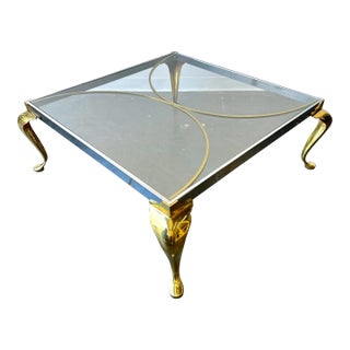 1970s Hollywood Regency Brass Cabriole Leg Cocktail Table For Sale