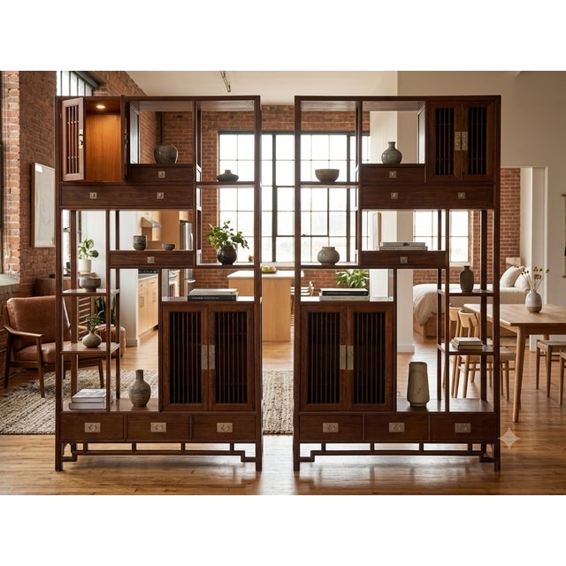 Wood Pair Asian Inspired Asymmetrical Light Brown Shelving Display Cabinet Divider For Sale - Image 7 of 13