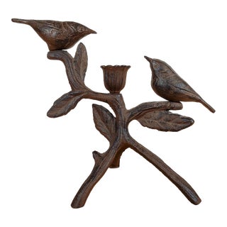 Late 20th Century Cast Iron Candleholder With Birds on Branches Tulip Shaped For Sale