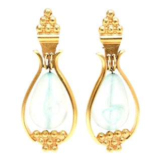 Vintage Gold Plated and Blue Turquoise Resin Drop Dangle Clip on Earrings 80's For Sale