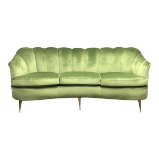 1950s Italian Mid-Century Modern Green Velvet and Brass Italian Curved Sofa For Sale