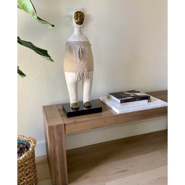 1980s Naida Seibel Mixed Media Figurative Sculpture With Brass Face & Feather Adornment, 27” H For Sale - Image 10 of 10
