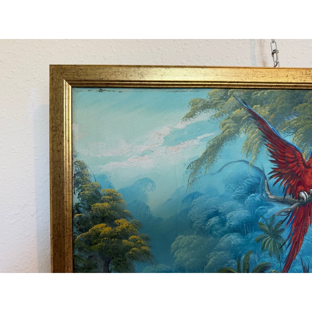 Vintage Tropical Parrot Oil Painting Signed 1996, Colorful Macaws Jungle Scene For Sale - Image 9 of 13