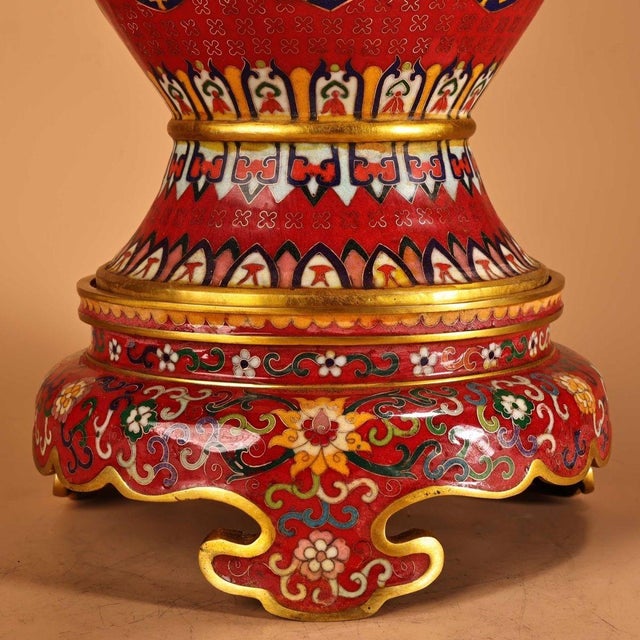 1970s Monumental Pair of Chinese Cloisonné Enamel Vases With Gilt Dragon Handles For Sale In Los Angeles - Image 6 of 9