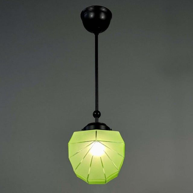 Swedish Green Uranium Glass and Burnished Brass Pendant from Böhlmarks, 1930s For Sale - Image 15 of 18