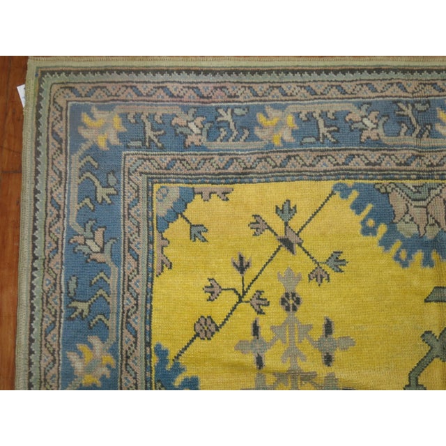Antique Zabihi Collection Yellow Teal Turkish Oushak - 6'1" x 9'9" For Sale - Image 4 of 8