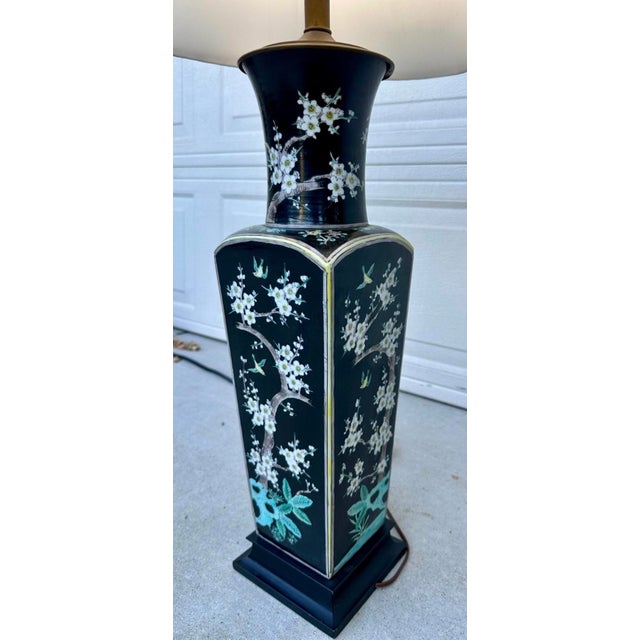 Antique Large Chinese Famille Noire Square Porcelain Vase Table Lamp 36" For Sale In San Diego - Image 6 of 18