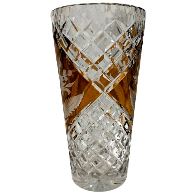 A Stunning Mid Century Modern Lead Crystal Vase Made in Poland Features Flower on Amber on both Sides of Vase.