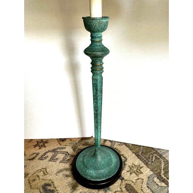 Pair of verdigris vintage iron lamps by Frederick Cooper with new chartreuse floral printed linen pleated shades. On/off...