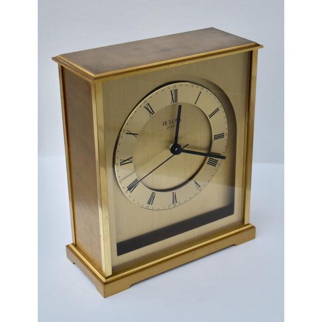 Vintage Bulova Heavy Brushed Brass Quartz Roman Numera Desk/Mantle Clock For Sale In Philadelphia - Image 6 of 13