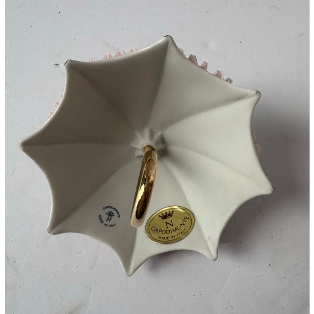 Capodimonte Vintage Italian Capodimonte Porcelain Pink Laced Gold Trimmed Umbrella Parasol Figurine For Sale - Image 4 of 9