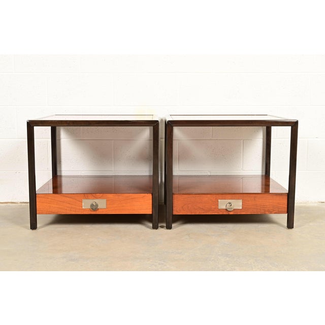 Mid-Century Modern Michael Taylor for Baker Furniture Mid-Century Hollywood Regency Cherry Wood Nightstands or End Tables, Pair For Sale - Image 3 of 14