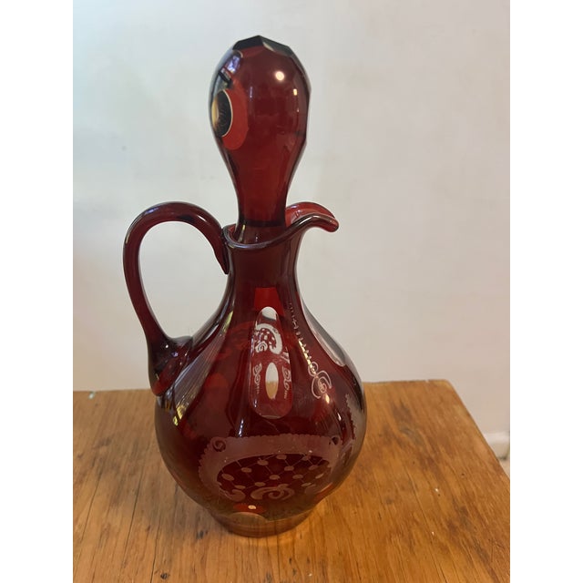 AntiquevEtched Red Cranberry Decanter Set With 2 Glasses For Sale - Image 10 of 10
