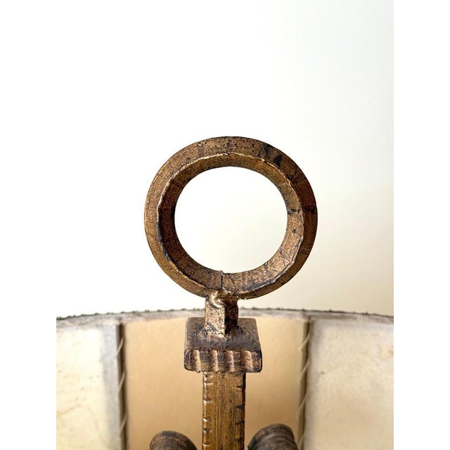 Large Florentine Gilt Iron Two-Light Table Lamp with Leather and Tapestry Shade, 1950s For Sale - Image 6 of 18
