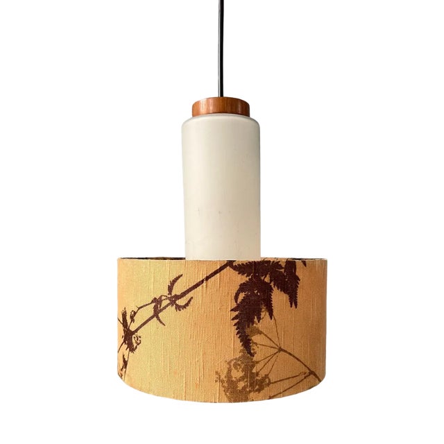 Mid-Century Opaline Glass Pendant Lamp with Beige Fabric Jungle Shade For Sale