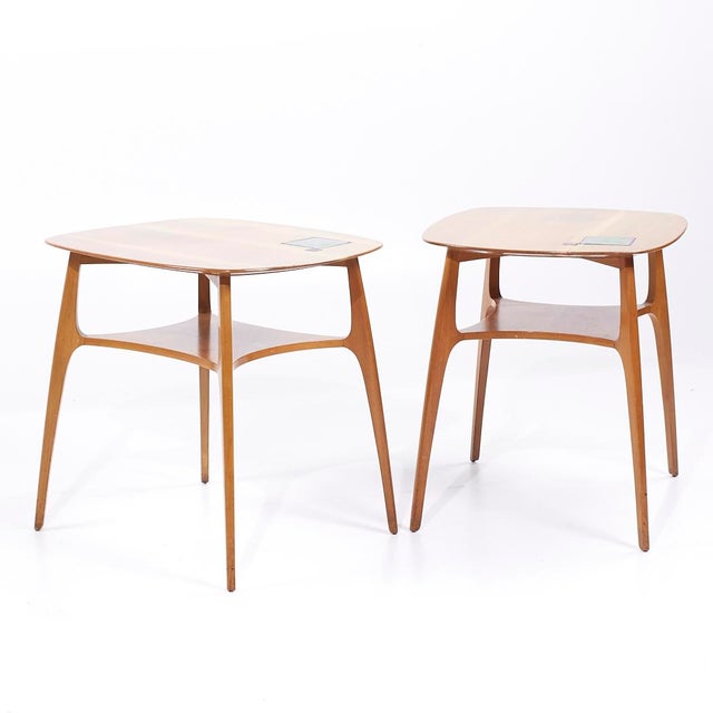 Edward Wormley for Dunbar 5628T Mid Century Walnut and Tiffany Tile Side Tables - Pair Each side table measures: 20.75...