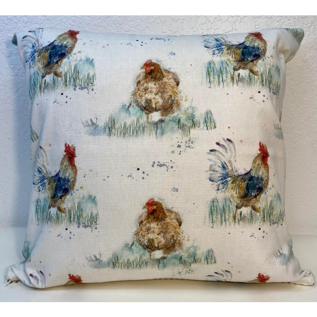 20” Square Pillow Adorned With a Chicken & Rooster Print - Made in U K For Sale - Image 11 of 11