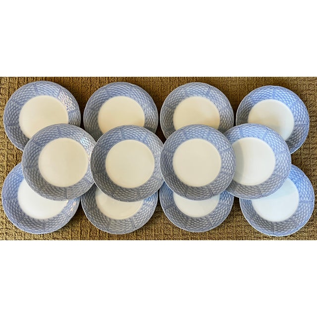 English Porcelain Blue and White Basketweave Plates for Salad, Cake or Hors d'Oeuvres - Set of 12 For Sale - Image 4 of 16