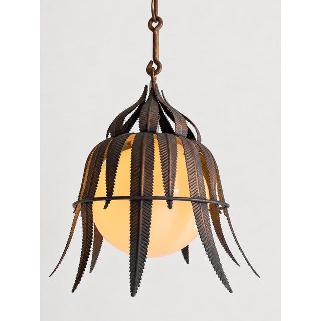 Art Nouveau 1950s Spanish Copper-Plated Iron Leaf Pendant With Opaline Glass Globe For Sale - Image 3 of 12