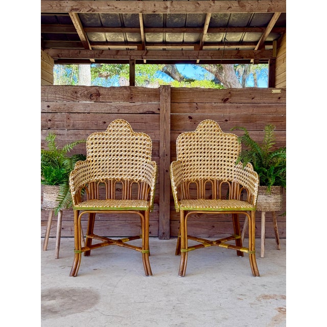 Vintage French-Style Rattan Bistro Side Arm Chairs With Handwoven Cane – Pair For Sale - Image 11 of 12