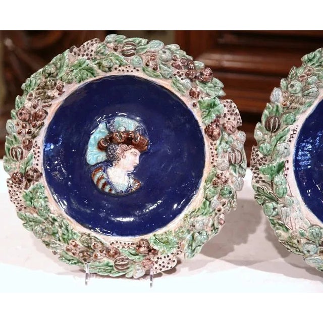 French 19th Century French Hand Painted Barbotine Chargers - A Pair For Sale - Image 3 of 11