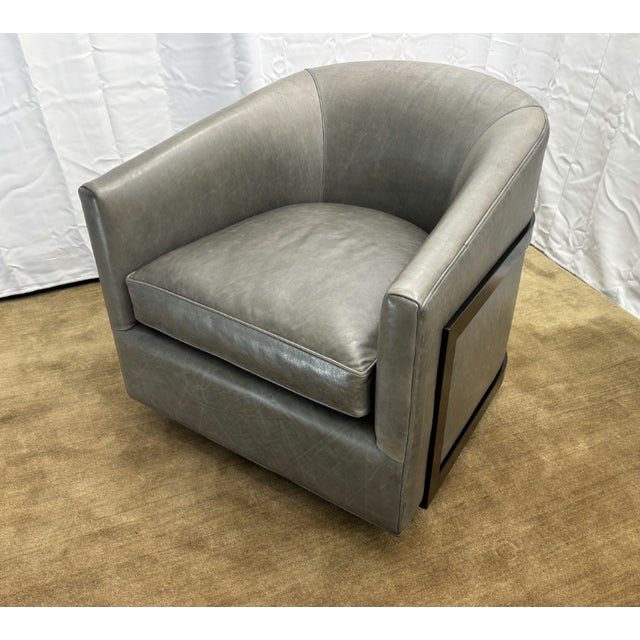 Restoration Hardware Rh Reginald Leather Swivel Chair Berkshire Leather in Pewter | Bronze For Sale - Image 4 of 18
