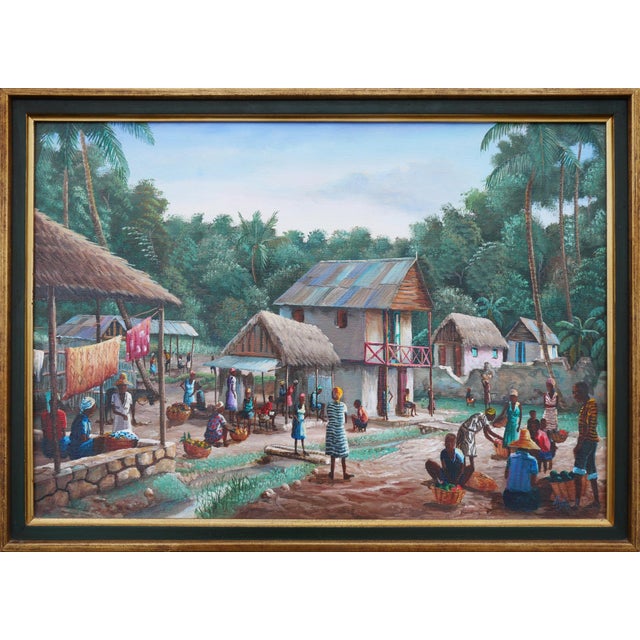 Jean-Felix Defournoy Modern Realist Green and Blue-Toned Rural Village Market Landscape Painting, Late 20th Century For Sale