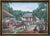 Jean-Felix Defournoy Modern Realist Green and Blue-Toned Rural Village Market Landscape Painting, Late 20th Century For Sale