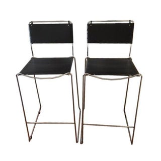 Italian Leather & Chrome Counter Stools - A Pair For Sale