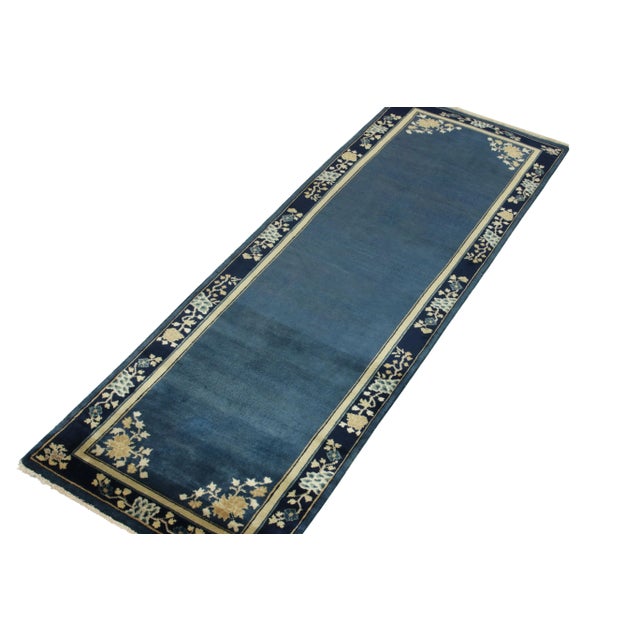 Art Deco Vintage Chinese Deco Style Runner in Deep Blue, Off White, Gold Floral Border For Sale - Image 3 of 6