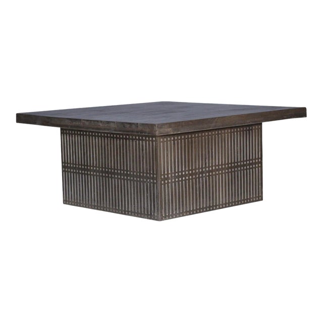 Modern Ash Gray Rib Carved Solid Wood Square Coffee Table | Solid Wood Center Table | Boho Chic Distressed Gray Accent Table | Ribbed Groove For Sale