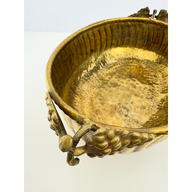 Vintage Solid Brass Hammered Centerpiece Bowl With Grapevine Handles For Sale - Image 12 of 13