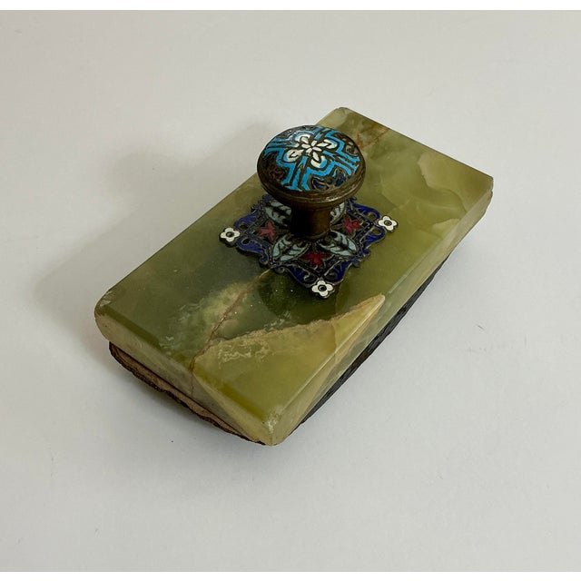 French Antique Champlevé & Green Onyx Desk Rocker Blotter – French Enamel Letter Rocker For Sale - Image 3 of 5