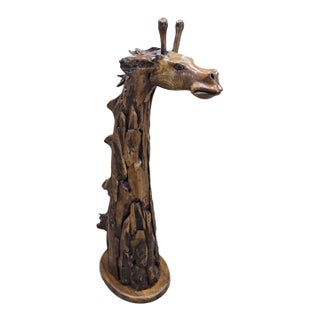 Mid 20th Century Sculptural Wood Giraffe Head & Neck Statue For Sale