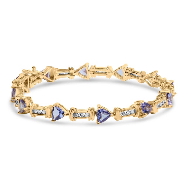 14K Yellow Gold 4x3 Trillion Cut Purple Tanzanite and Diamond Link Bracelet (H-I Color, SI2-I1 Clarity) - 7" Inches For Sale