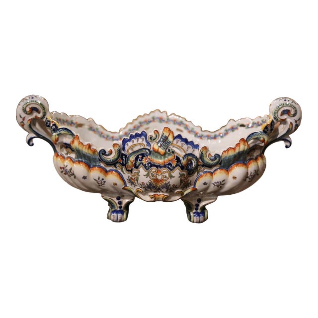 Mid-Century French Louis XV Hand Painted Faience Oval Jardinière From Rouen For Sale
