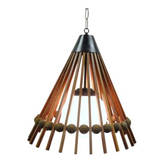 Vintage Danish Modern Teak & Cork Pendant Light For Sale