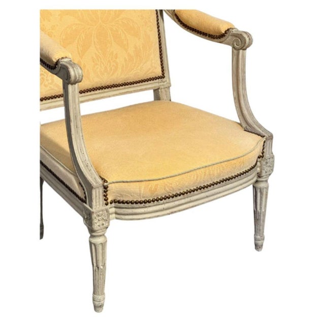 French 19th Century Painted Fauteuil With Yellow Damask Fabric For Sale - Image 3 of 4