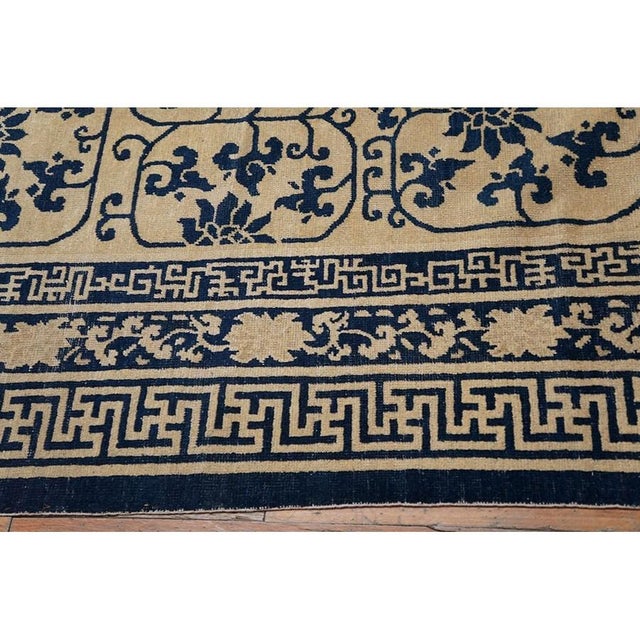 1890s Ivory Background Geometric Blue Floral Design Antique Chinese Peking Rug For Sale - Image 4 of 8